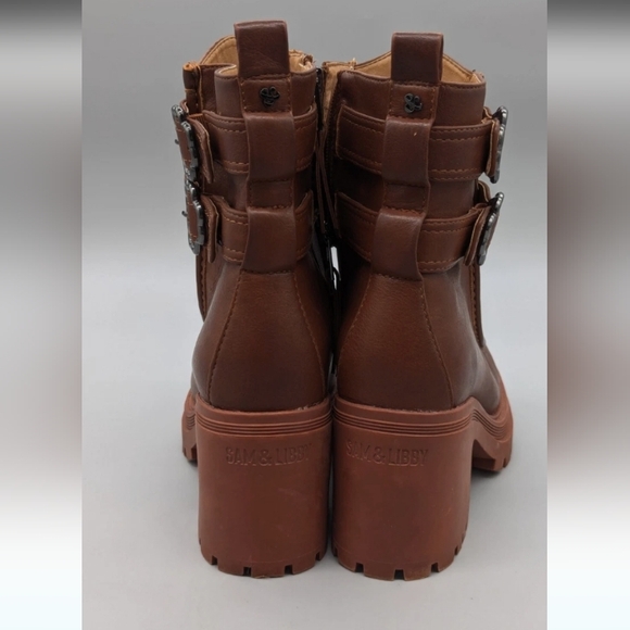 SAM & LIBBY CHIARA AMBERSAND FAUX LEATHER BOOTS Brown Leather ABOVE Ankle Boots - Picture 2 of 6